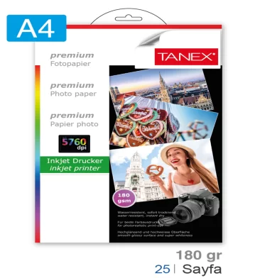 Бумага фото TANEX А4, 180 г/м2, 25 листов, глянец 