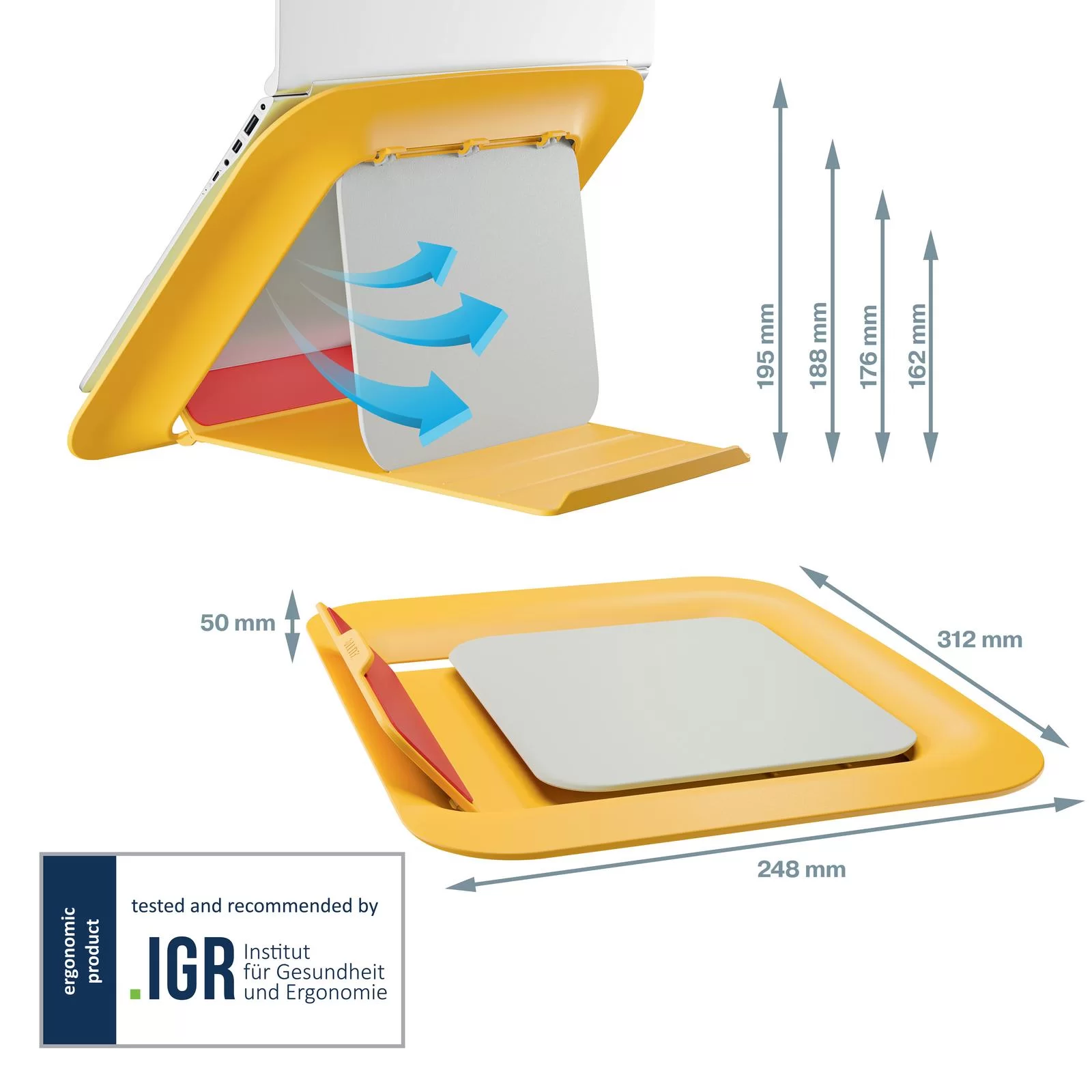Suport p-u laptop LEITZ Cosy, reglabil, galben