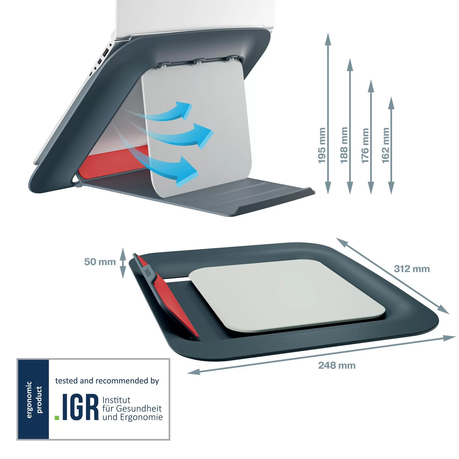 Suport p-u laptop LEITZ Cosy, reglabil, gri