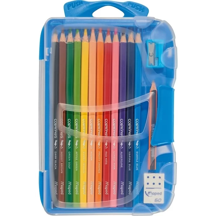 Creioane colorate MAPED, 12 culori + penar din plastic