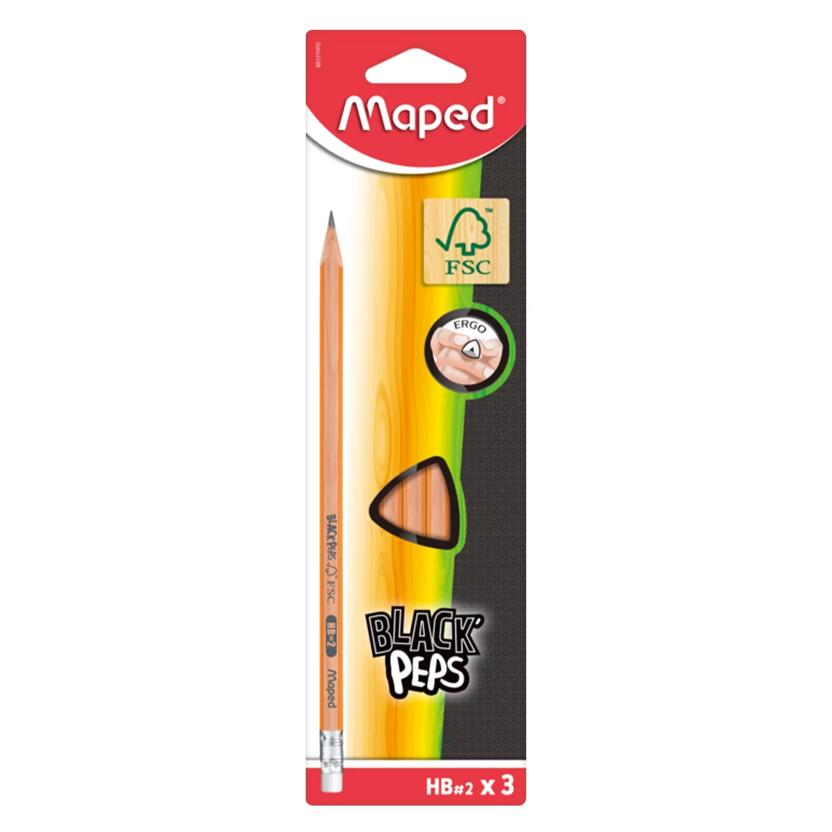 Creion simplu MAPED, cu radiera, HB, 3 bucati, blister