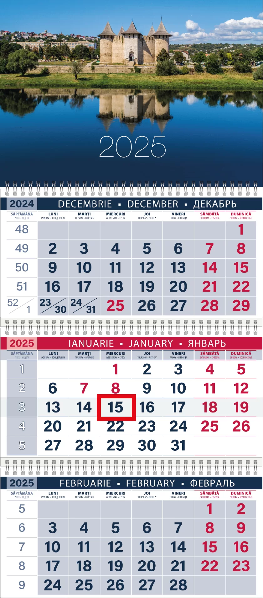 Calendar de perete CETATEA SOROCA, 2025, cu 3 sectii