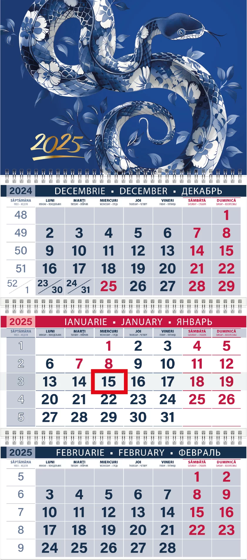 Calendar de perete ŞARPE-APĂ, 2025, cu 3 sectii 