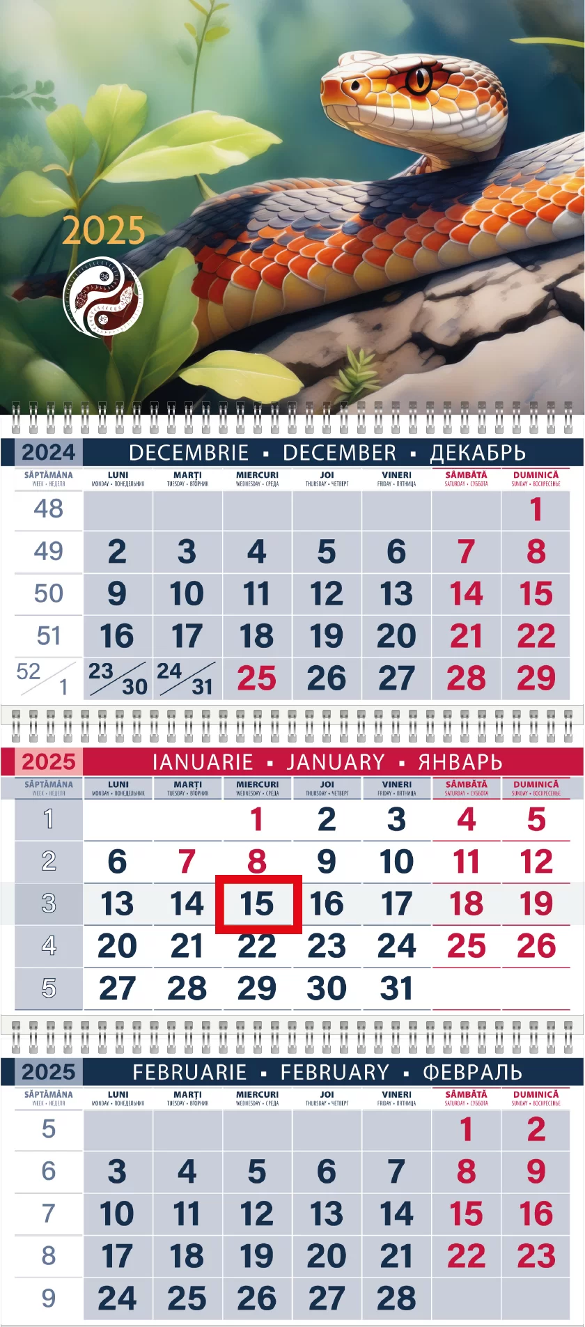 Calendar de perete ŞARPE YIN-YAN, 2025, cu 3 sectii 