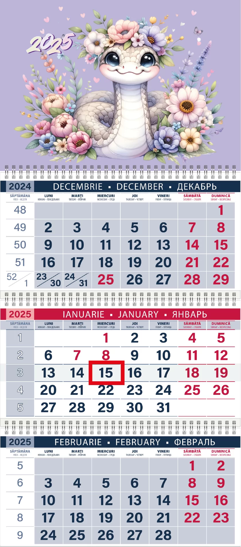 Calendar de perete ŞARPE IN FLORI, 2025, cu 3 sectii 