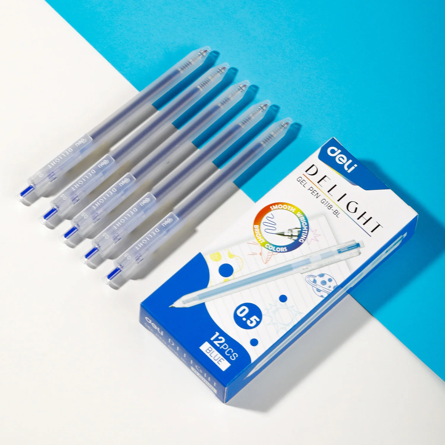 Pix cu gel DELI Delight, 0.5 mm, cu mecanism, albastru