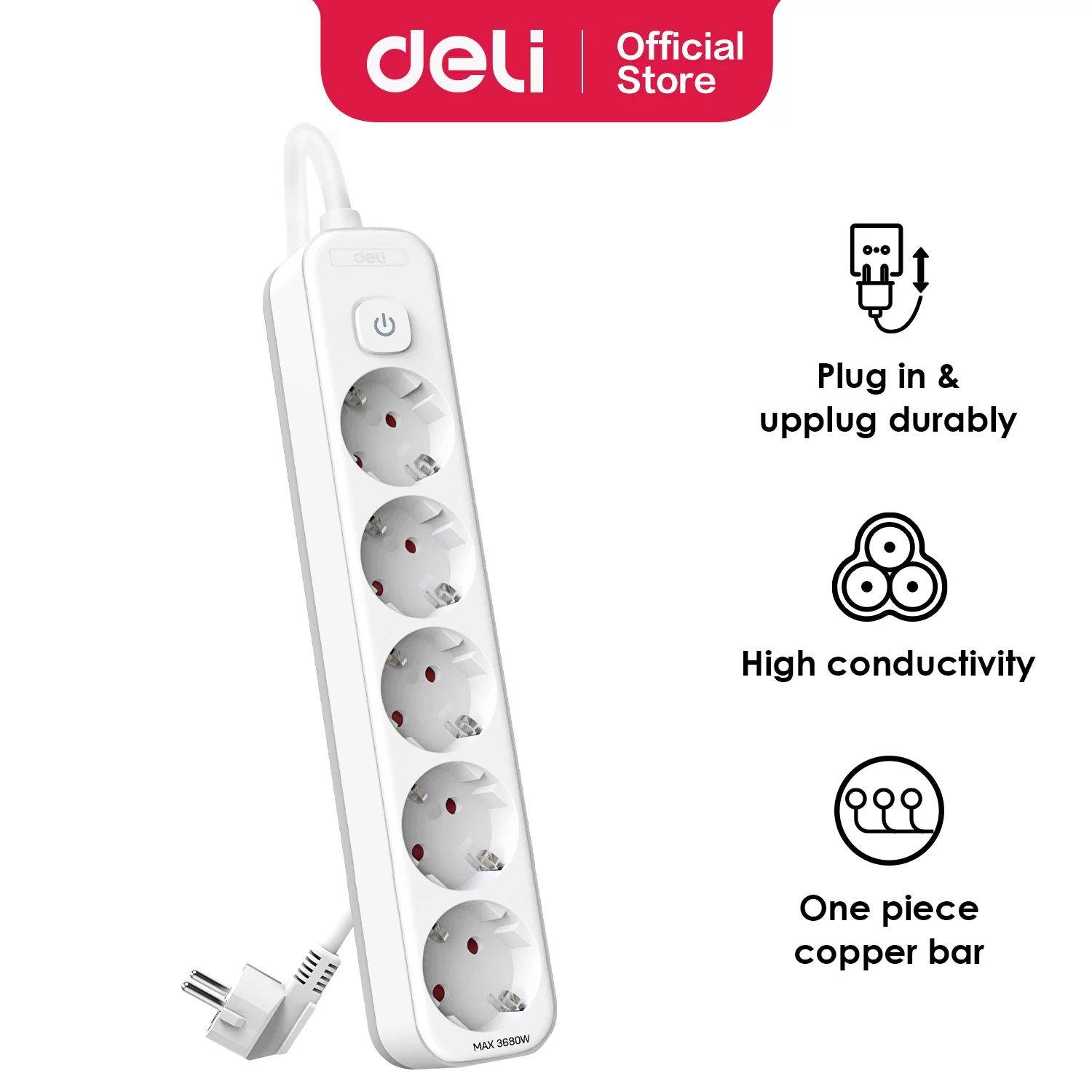 Удлинитель DELI, 5 розетки, 5 м, заземление, выкл