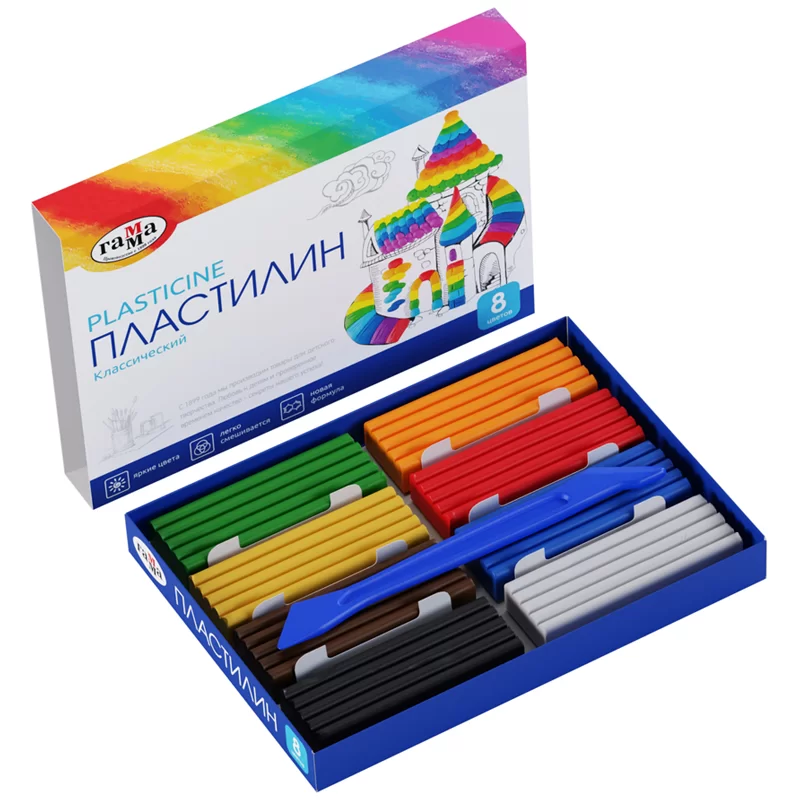 Plastilina GAMMA Clasic 8 culori, 160gr, cu cutitas